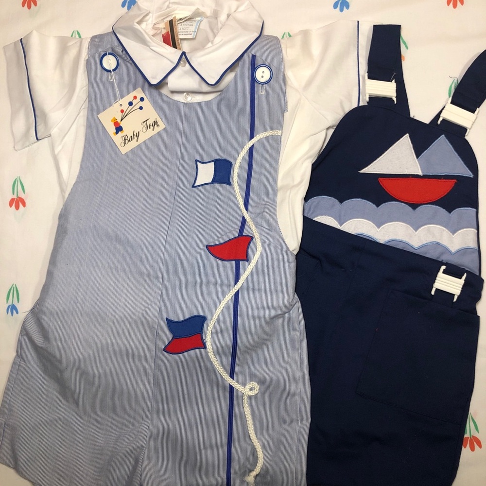 1970's Baby Boy Sailor Short Overalls Nautical NWT